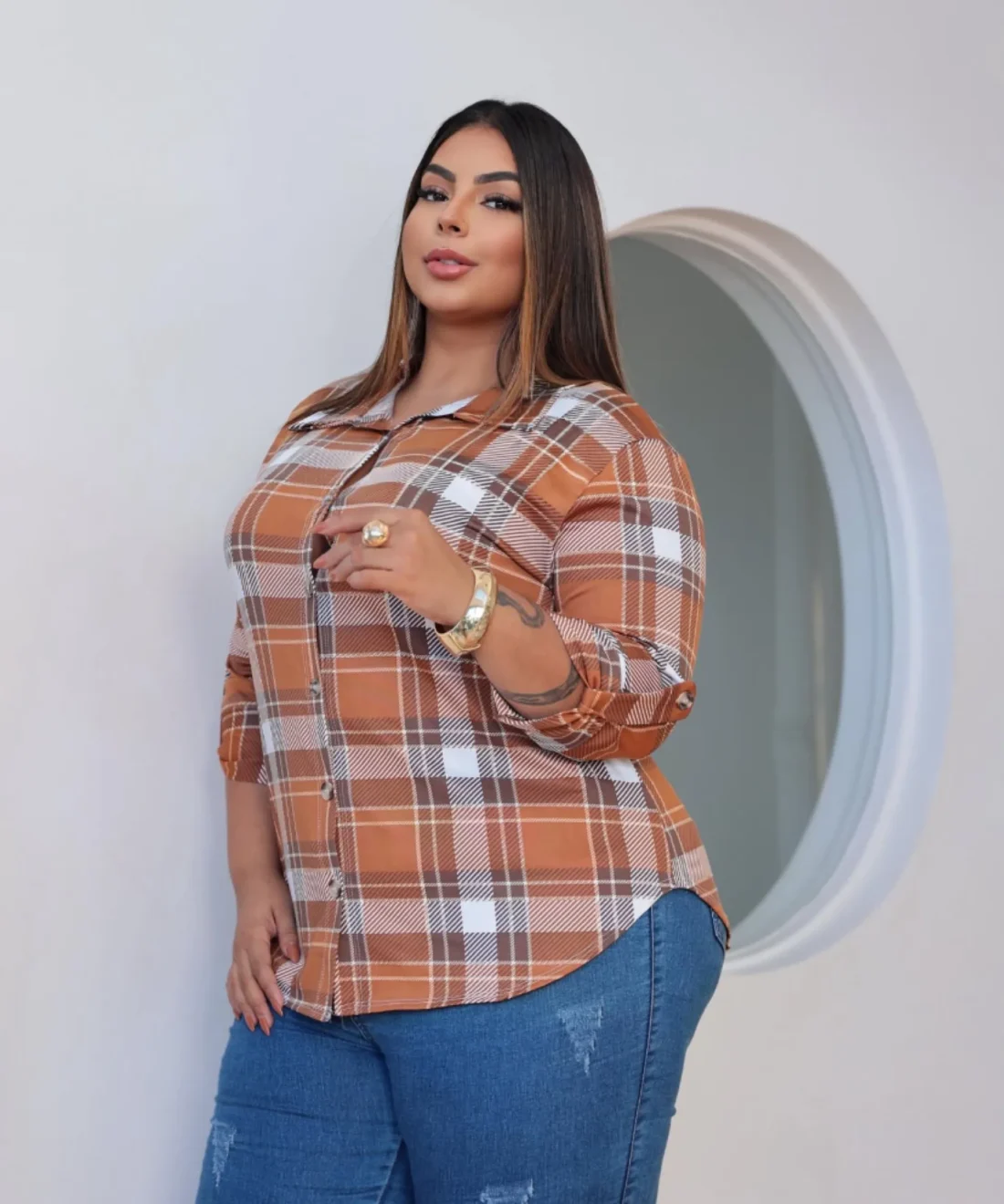 Blusa Feminina Xadrez em Malha Plus Size