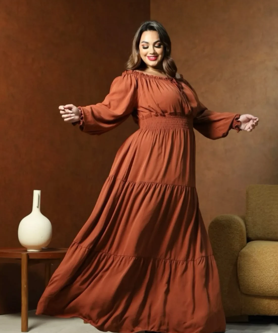 Vestido Longo Franzido Charme Plus