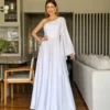 Vestido de Festa Branco em Paetê Manga Fluida