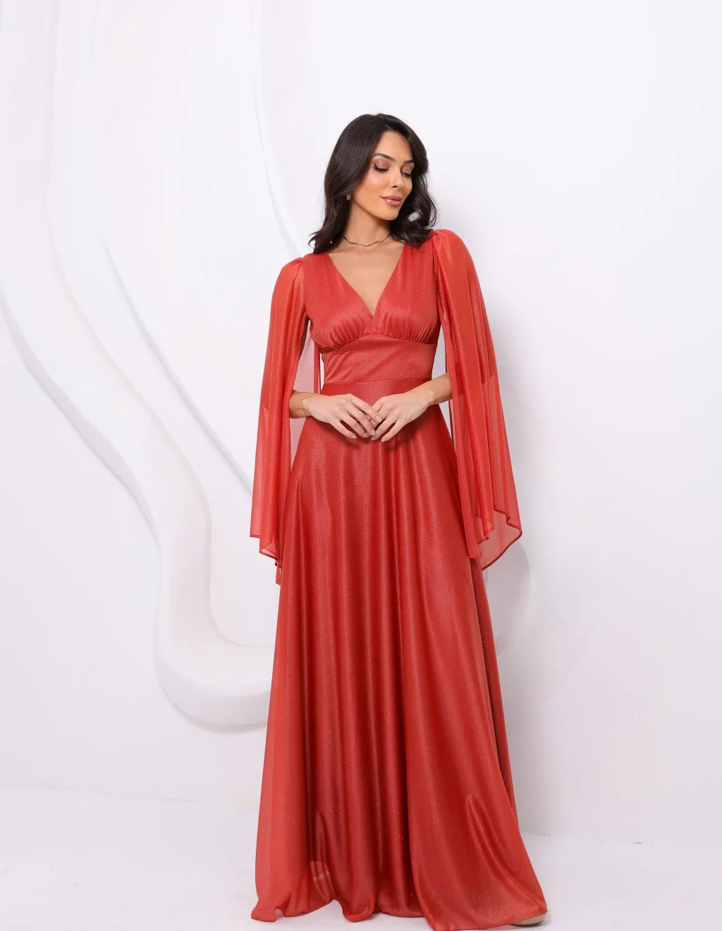 Vestido de Festa Terracota Brilhante Mangas Fluidas