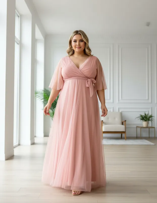 Vestido de Festa Rose Decote Transpassado Plus Size