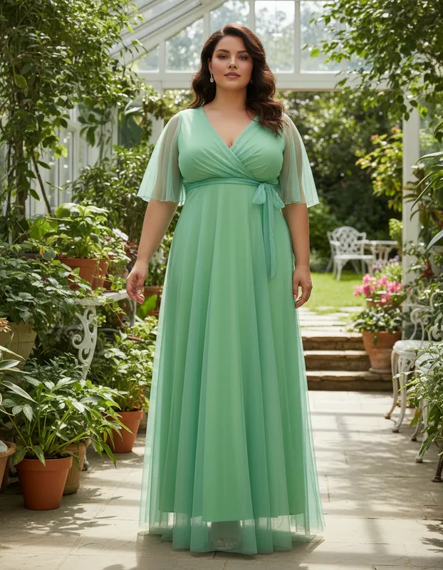 Vestido de Festa Verde Menta Decote Transpassado Plus Size
