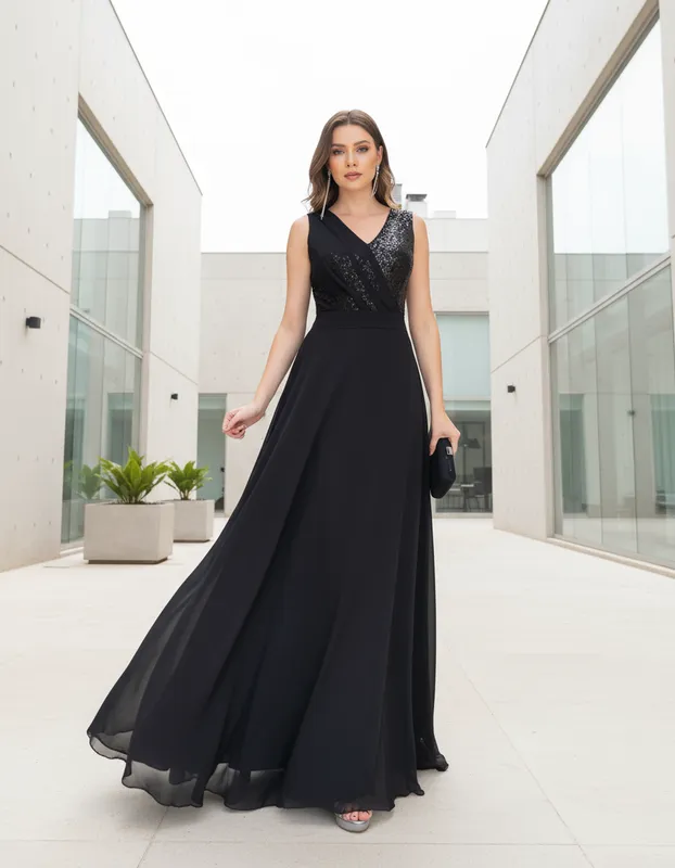 Vestido de Festa Preto Drapeado