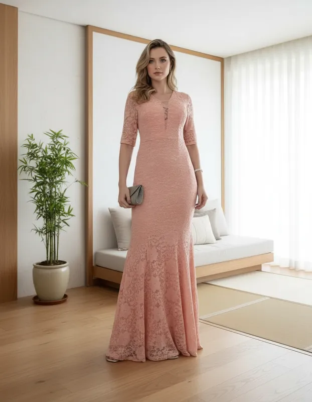 Vestido de Festa em Renda Rosa Salmon para Convidadas Mãe do Noivo