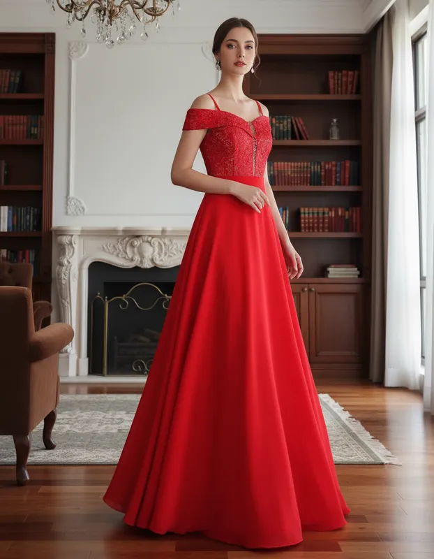 Vestido de Baile em Chiffon Vermelho de Festa