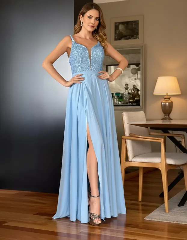 Vestido de Festa Clássico com Paetês Azul Serenity