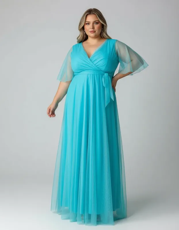 Vestido de Festa Azul Turquesa Decote Transpassado Plus Size