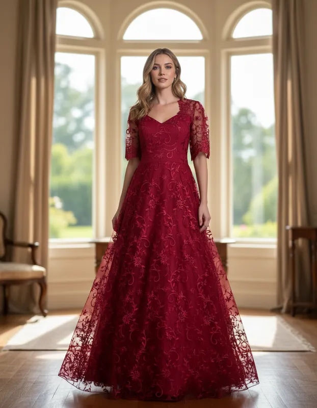 Vestido Bordado Longo Marsala de Festa