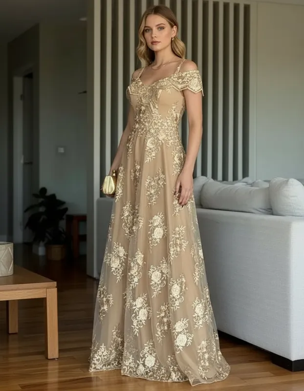 Vestido de Festa Renda Liverpool Shine Dourado