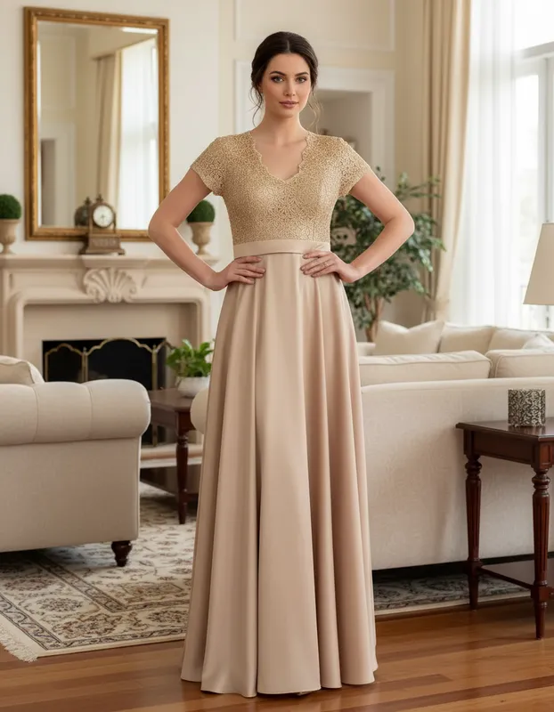 Vestido de Festa Longo com Fenda e Renda Dourado