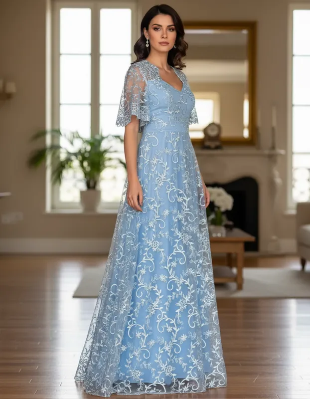 Vestido Bordado Longo Azul Serenity de Festa