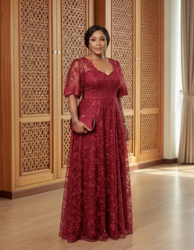 Vestido Bordado Longo Marsala Plus Size de Festa