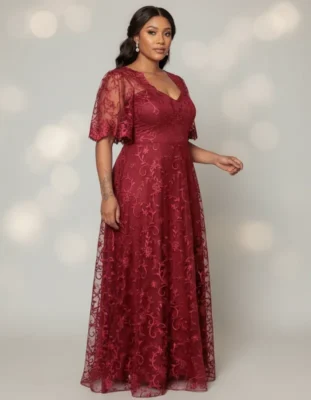 Vestido Bordado Longo Marsala Plus Size de Festa