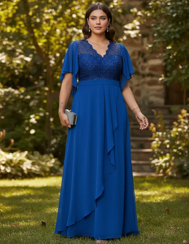 Vestido de Festa Azul Royal em Chiffon Plus Size