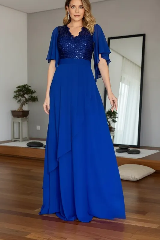 Vestido de Festa Azul Royal em Chiffon Mãe do Noivo/Mãe da Noiva