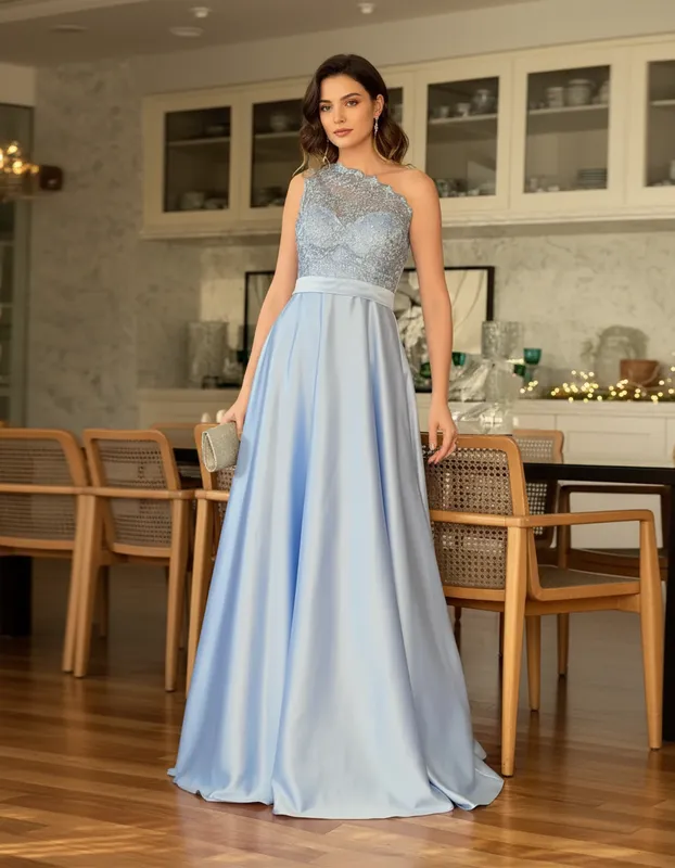 Vestido de Festa Diamante de Gala Azul Serenity em Crepe Satin