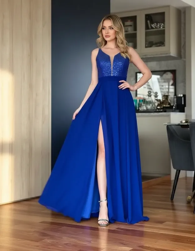 Vestido de Festa Clássico com Paetês Azul Royal