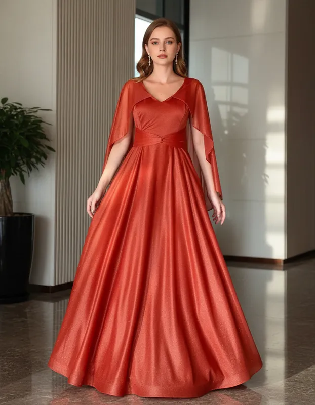 Vestido Terracota com Brilho e Mangas em Tule de Festa