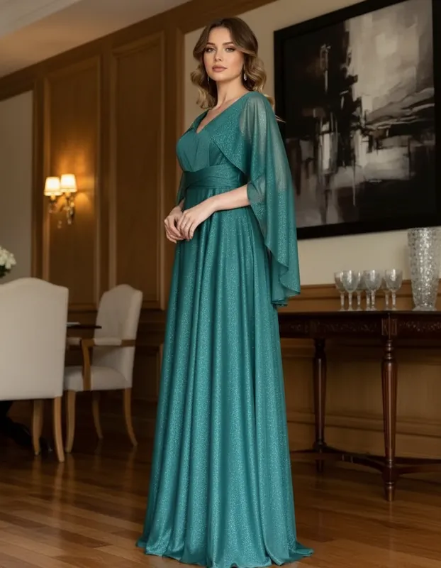 Vestido Verde Esmeralda com Brilho e Mangas em Tule de Festa Plus Size