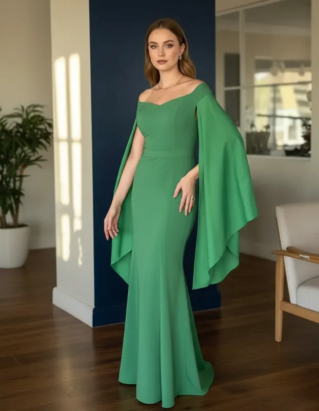 Vestido Longo Verde Bandeira Ombro a Ombro com Mangas Fluídas