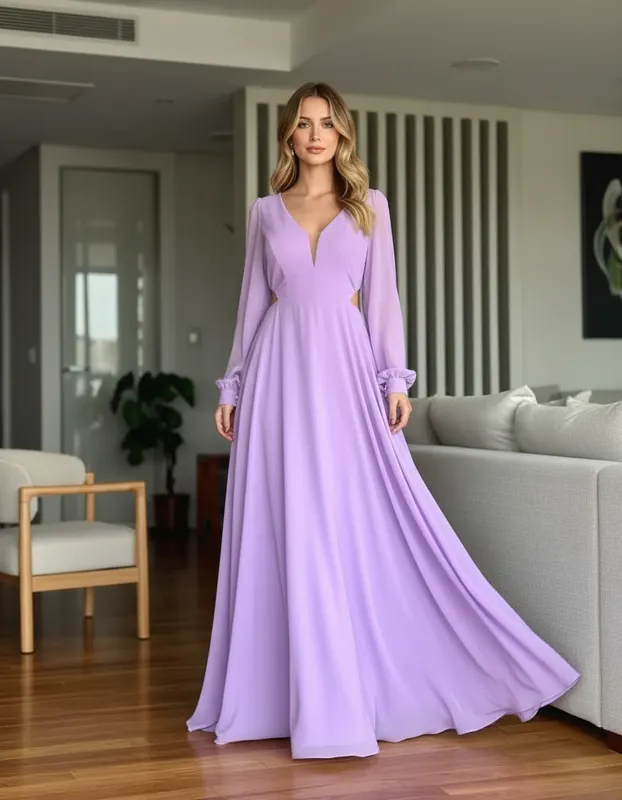 Vestido Manga Longa em Chiffon Lilás de Festa