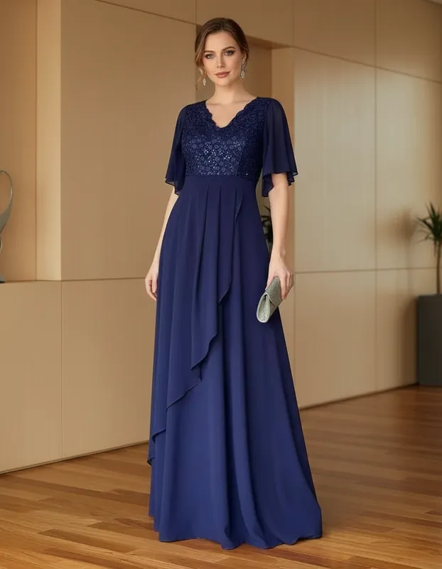 Vestido de Festa Azul Marinho em Chiffon