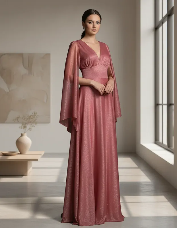 Vestido de Festa Rosa Canela Brilhante Mangas Fluidas