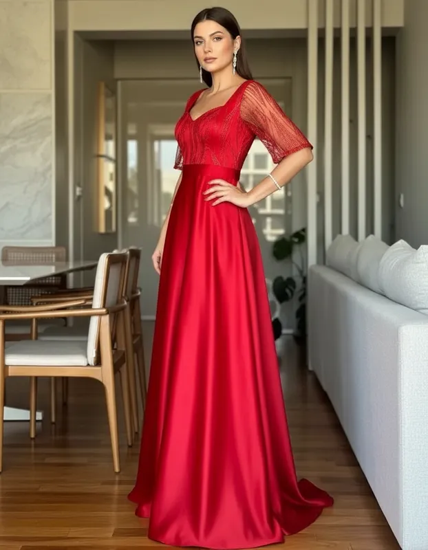 Vestido de Festa Clássico em Cetim Vermelho