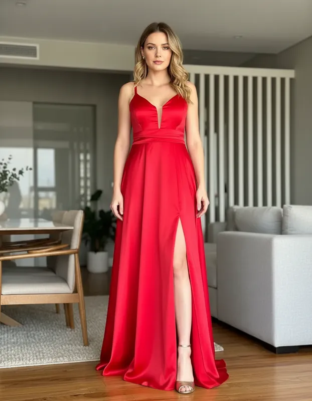 Vestido Alças Finas com Fenda Vermelho de Festa