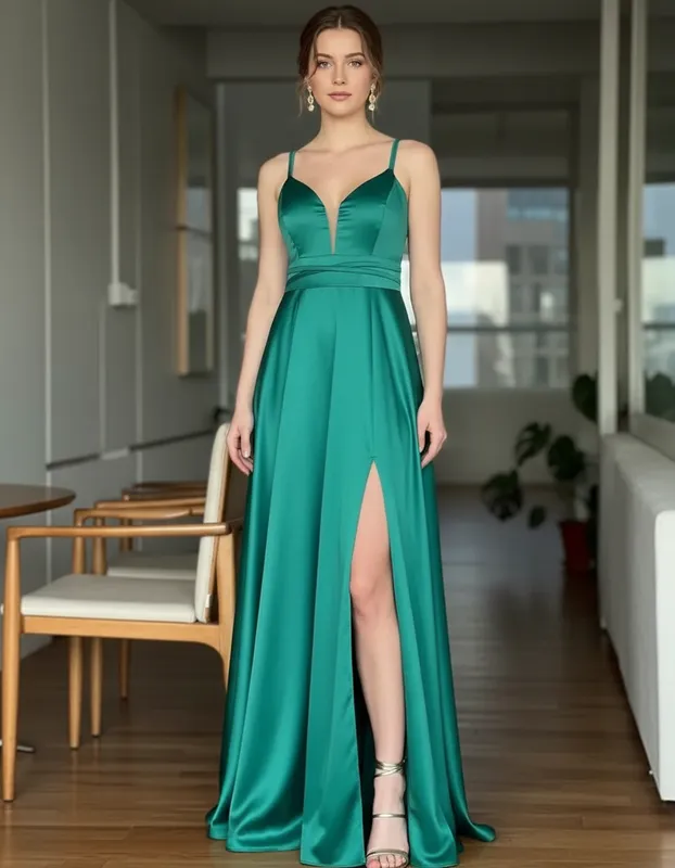 Vestido Alças Finas com Fenda Verde Esmeralda de Festa