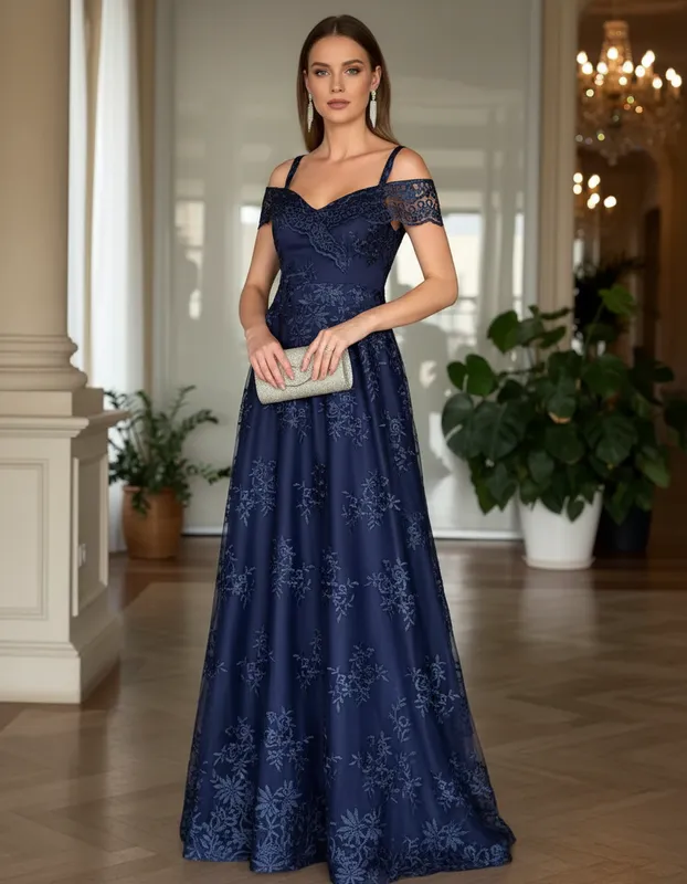 Vestido Longo Azul Marinho em Tule de Festa para Madrinhas Mãe do Noivo