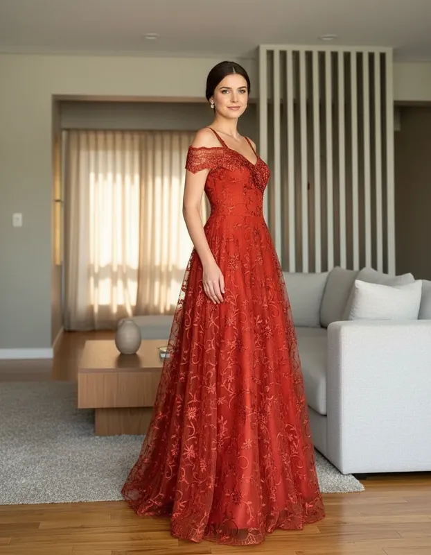 Vestido Longo Terracota em Tule de Festa para Madrinhas Mãe do Noivo