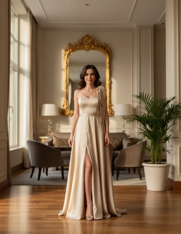 Vestido Modern Glam Nude Dourado de Festa