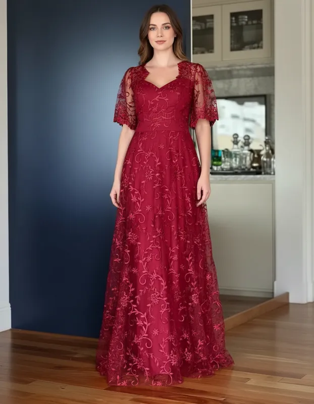 Vestido Bordado Longo Marsala de Festa