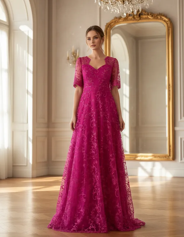 Vestido Bordado Longo Pink de Festa