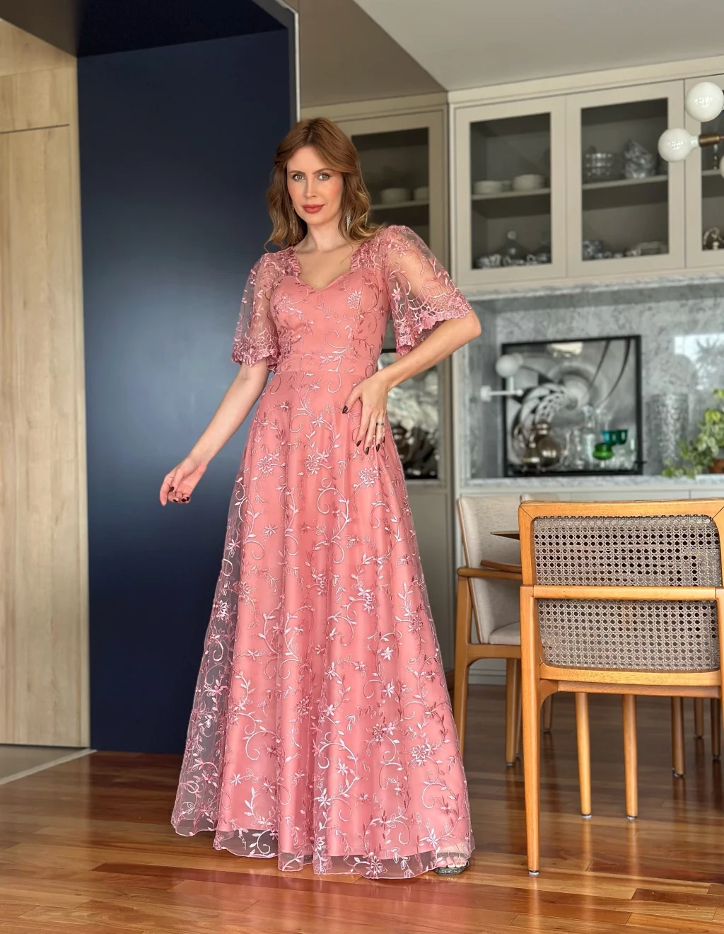 Vestido Bordado Longo Rose de Festa