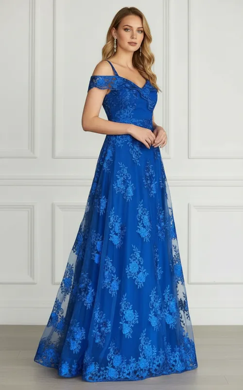 Vestido Longo Azul Royal em Tule de Festa para Madrinhas Mãe do Noivo