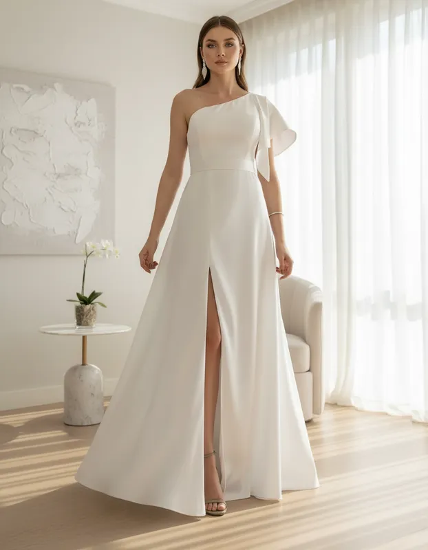 Vestido com Fenda Prada Branco de Festa Noivas