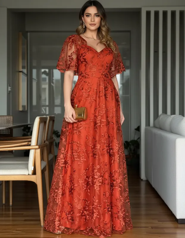 Vestido Bordado Longo Terracota de Festa