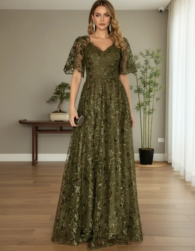 Vestido Bordado Longo Verde Oliva de Festa