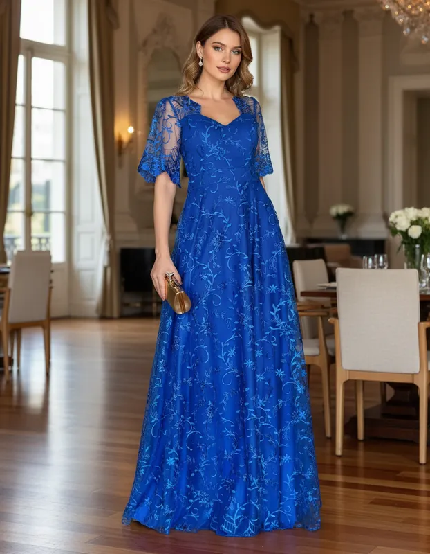 Vestido Bordado Longo Azul Royal de Festa