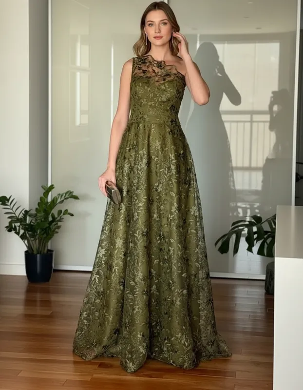Vestido de Festa Diamante de Gala Verde Oliva