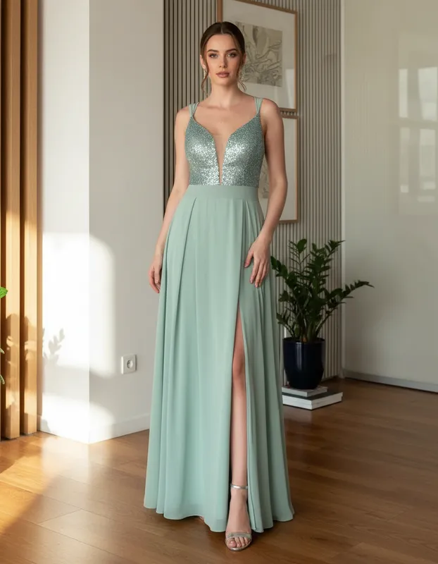 Vestido de Festa Clássico com Paetês Verde Menta