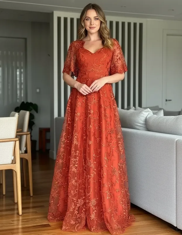 Vestido Bordado Longo Terracota de Festa