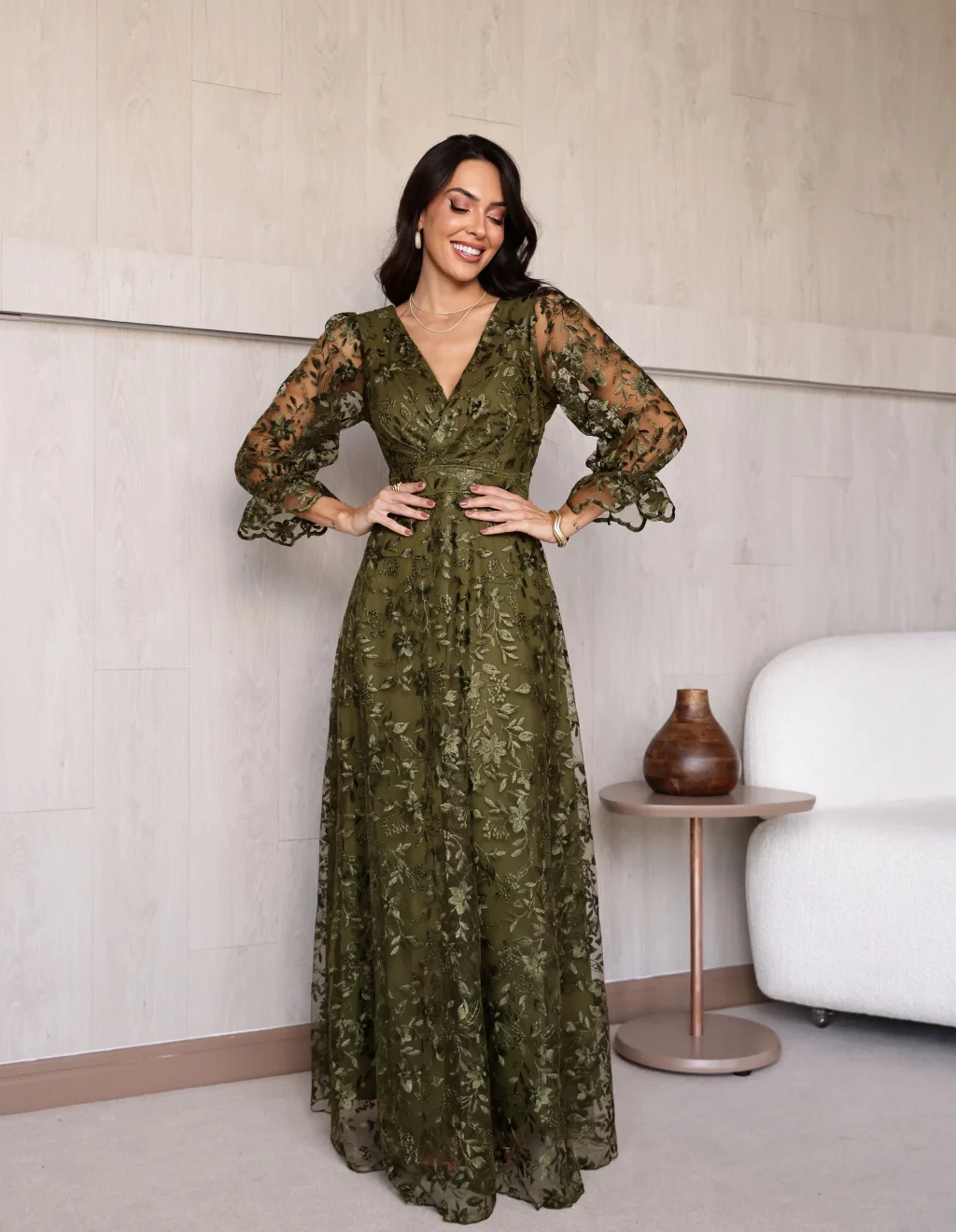 Vestido Alice Verde Oliva de Festa para Madrinhas mãe do Noivo