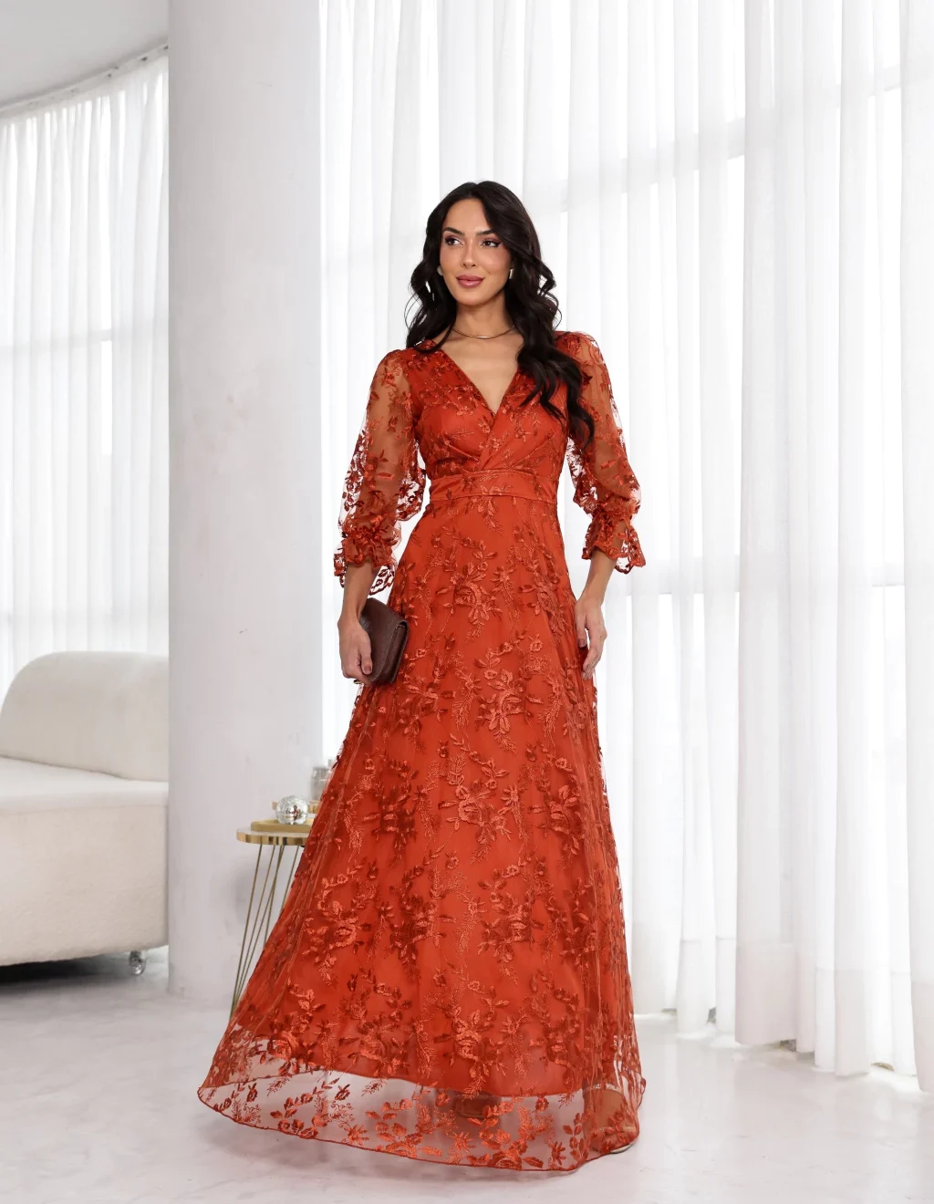 Vestido Alice Terracota de Festa para Madrinhas mãe do Noivo