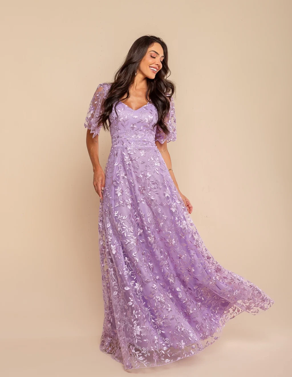 Vestido Bordado Longo Lilás de Festa